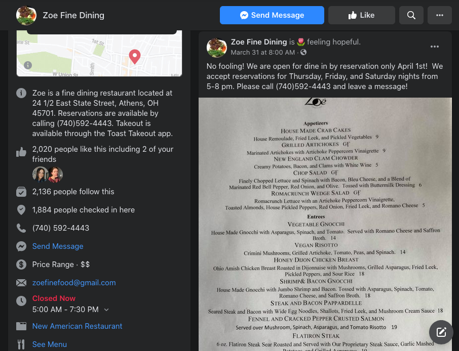 screenshot of Zoe's Facebook page and how they were sharing their menu